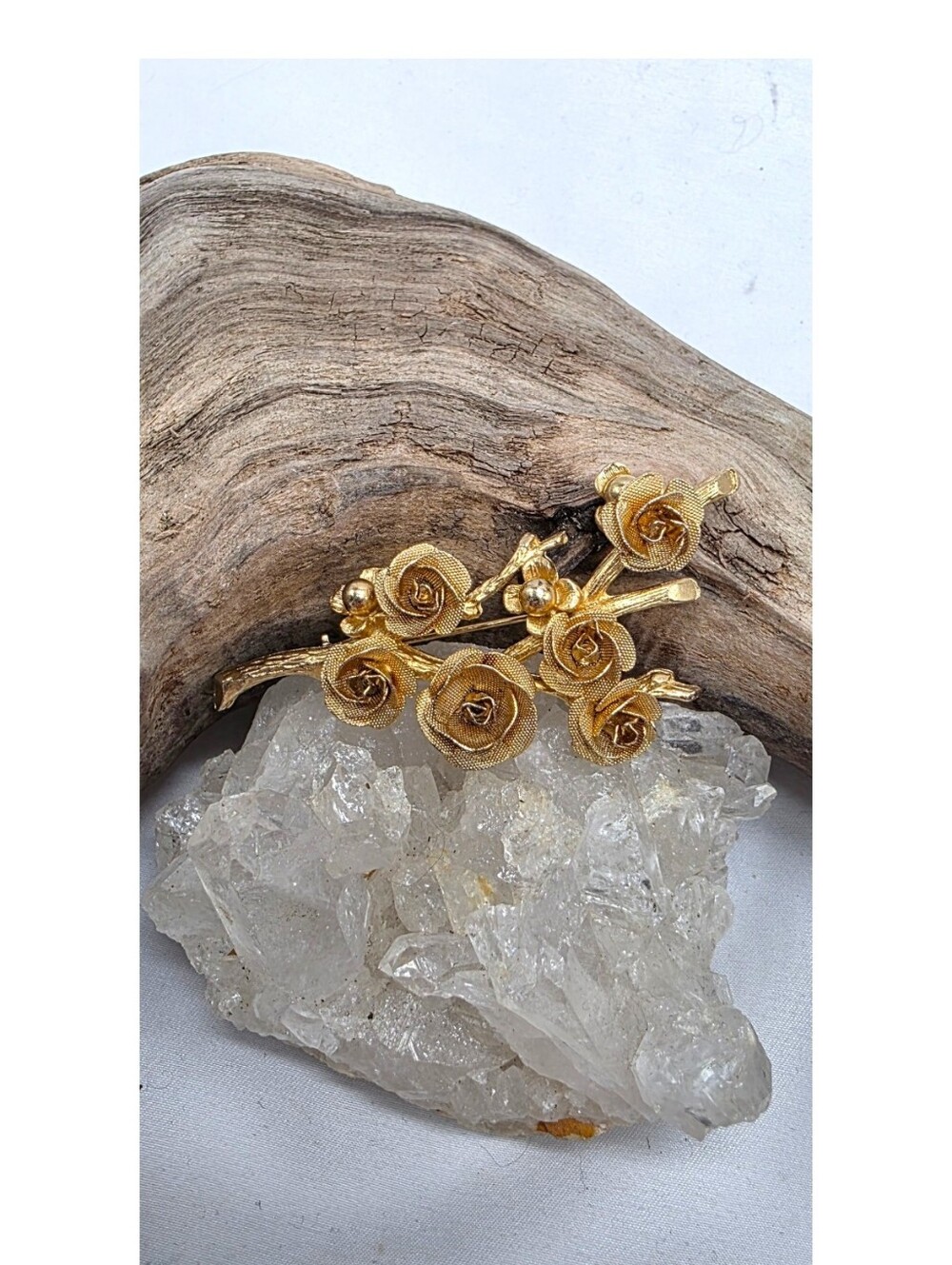 Vintage Gold Tone Mesh Rose Spray Brooch 1950s 1960s Floral Pin